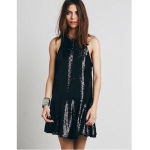 Free People Black Sequin Halter Mini Dress Party Cocktail BoHo Flapper Size M
